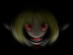 Rule 34 | 1girl, bad id, bad pixiv id, black background, blonde hair, crazy eyes, creepy, dark, ex-rumia, fangs, female focus, highres, horror (theme), looking at viewer, red eyes, rumia, solo, touhou