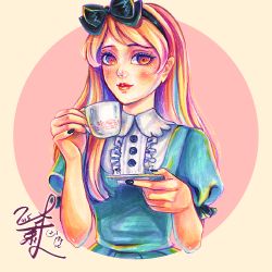 Rule 34 | 1girl, alice (alice in wonderland), alice in wonderland, arms up, bad id, bad pixiv id, black bow, black nails, blonde hair, blue dress, bow, brown eyes, buttons, commentary request, cup, dress, eyelashes, hair bow, highres, holding, holding cup, holding saucer, lipstick, long hair, looking to the side, makeup, milly (milly521), nail polish, original, puffy short sleeves, puffy sleeves, red lips, saucer, short sleeves, solo, teacup, translation request