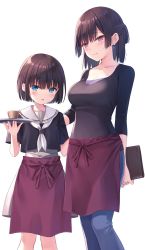 Rule 34 | 2girls, apron, arm behind back, black serafuku, black shirt, blue eyes, blue pants, blush, breasts, brown eyes, brown hair, camisole, cleavage, coffee cup, collarbone, commentary request, cup, disposable cup, earrings, feet out of frame, hand on another&#039;s back, highres, holding, holding menu, holding tray, jewelry, looking at viewer, medium breasts, medium hair, menu, multiple girls, na-ga, neckerchief, open mouth, original, pants, purple camisole, red apron, red ribbon, ribbon, ring, sailor collar, school uniform, serafuku, shirt, short hair, short sleeves, sidelocks, simple background, skirt, standing, tray, waist apron, waitress, wedding ring, white background, white neckerchief, white sailor collar, white skirt