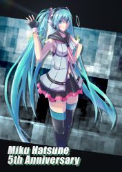 Rule 34 | 1girl, anniversary, belt, black footwear, black gloves, black skirt, blue eyes, blue hair, blush, boots, boru (ochagashi), breasts, closed mouth, commentary request, feet out of frame, fingerless gloves, gloves, grey shirt, hair between eyes, hand on own hip, hatsune miku, headphones, highres, long hair, looking at viewer, medium breasts, miniskirt, neckerchief, pink neckerchief, pink skirt, pleated skirt, shirt, sideboob, skirt, sleeveless, sleeveless shirt, smile, thigh boots, thighhighs, twintails, two-tone skirt, very long hair, vocaloid, white belt, wristband, zettai ryouiki