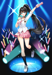 Rule 34 | 1girl, :d, arm up, badge, black background, black choker, black hair, black socks, blue background, blue eyes, bracelet, breasts, choker, cleavage, closers, collared shirt, dark background, fang, full body, glowstick, gradient background, hands up, highres, holding, holding microphone, idol, jewelry, kneehighs, large breasts, leg up, long hair, long sleeves, microphone, miniskirt, necktie, official art, open hand, open mouth, outstretched arm, pink necktie, pink skirt, plaid, plaid necktie, plaid skirt, pleated skirt, ponytail, school uniform, shirt, shoes, sidelocks, skirt, sleeves pushed up, smile, sneakers, socks, solo, sparkle, stage, stage lights, star bracelet, tachi-e, very long hair, walking, white footwear, white shirt, yuri seo