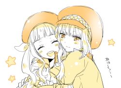 Rule 34 | 2girls, blush, closed eyes, coat, elle mel marta, frills, image sample, leia rolando, long hair, multiple girls, open mouth, orange background, pixiv sample, short hair, simple background, smile, star (symbol), tales of (series), tales of xillia, tales of xillia 2, tayako, translation request, white background