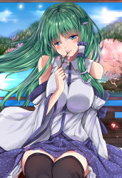 Rule 34 | 1girl, aqua eyes, bare shoulders, black thighhighs, blue skirt, blue sky, blush, branch, breasts, breasts squeezed together, cherry blossoms, commentary request, cowboy shot, day, detached sleeves, forest, frog hair ornament, fule, green hair, hair ornament, hair tubes, head tilt, holding, holding branch, kochiya sanae, large breasts, long sleeves, looking at viewer, nature, panties, pantyshot, petals, petticoat, railing, shirt, sidelocks, sitting, skirt, sky, smile, snake hair ornament, solo, thighhighs, thighs, touhou, tree, underwear, white shirt, wide sleeves, zettai ryouiki