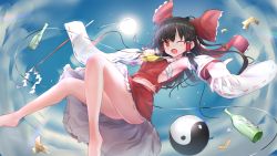 Rule 34 | 1girl, ;d, armpits, ascot, bare legs, bare shoulders, barefoot, black hair, blue sky, blush, bottle, bow, breasts, budget sarashi, cable, commentary request, day, derivative work, frilled bow, frills, gohei, hair bow, hair tubes, hakurei reimu, headpat, highres, holding, holding microphone, long hair, long sleeves, looking at viewer, microphone, midair, money, navel, no legwear, one eye closed, open mouth, outdoors, outstretched arm, ponytail, red bow, red eyes, red skirt, ribbon-trimmed sleeves, ribbon trim, sarashi, sideboob, skirt, sky, small breasts, smile, solo, spread fingers, sun, thighs, touhou, west 24, wide sleeves, yellow ascot, yin yang