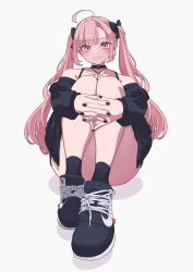 Rule 34 | 1girl, absurdres, black bow, black choker, black jacket, blush, bow, choker, cowlick, hair bow, highres, holding legs, interlocked fingers, jacket, long hair, looking at viewer, luvluvvox, nail polish, nike (company), off shoulder, on floor, open clothes, open jacket, original, pink eyes, pink hair, shoes, simple background, sneakers, twintails, white background