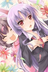 Rule 34 | 2girls, animal ears, bad id, bad pixiv id, brown hair, female focus, flower, formal, grabbing another&#039;s ear, hand on another&#039;s ear, inaba tewi, long hair, mamepon, multiple girls, necktie, petals, purple hair, rabbit ears, red eyes, red necktie, reisen udongein inaba, short hair, skirt, skirt suit, suit, touhou, unbuttoned, you gonna get raped