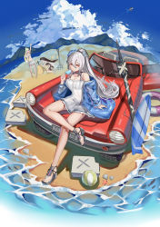 Rule 34 | 4girls, arknights, ball, bare shoulders, beach, beachball, bikini, black one-piece swimsuit, blue jacket, breasts, car, character request, chinese commentary, commentary request, day, dress, food, full body, green hair, holding, holding food, innertube, jacket, jerry can, medium breasts, motor vehicle, multiple girls, on vehicle, one-piece swimsuit, open clothes, open jacket, outdoors, ponytail, popsicle, qihai lunpo, red eyes, sand sculpture, sandals, siege (arknights), silver hair, sitting, skadi (arknights), specter (arknights), surfboard, swim ring, swimsuit, sword, weapon, white bikini, white dress, white footwear