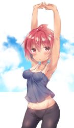 Rule 34 | 1girl, :o, armpits, arms up, bike shorts, black shorts, blue sky, blush, breasts, camisole, cloud, contemporary, cowboy shot, day, gluteal fold, groin, looking at viewer, marui futaba, mitsudomoe, murasakio, one-piece tan, outside border, parted lips, red eyes, red hair, shiny skin, short hair, shorts, sky, small breasts, solo, spaghetti strap, standing, stretching, sweat, tan, tanline, topknot, wet