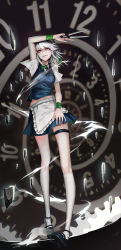 Rule 34 | 1girl, absurdres, adapted costume, aiming, aiming at viewer, apron, arm over head, between fingers, black footwear, black necktie, blue shirt, blue skirt, blue vest, braid, breasts, clock, collared shirt, energy, foreshortening, gears, highres, hip focus, holding, holding knife, izayoi sakuya, kneehighs, knife, knives between fingers, lips, long legs, looking at viewer, maid, maid apron, maid headdress, mary janes, mek, midriff, nail polish, necktie, red eyes, red nails, shirt, shoes, short sleeves, silver hair, skirt, socks, solo, thigh strap, touhou, twin braids, vest, white shirt, white socks, wristband