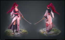 Rule 34 | 1girl, 3d, amputee, arc system works, baiken, blair armitage, breasts, cleavage, facial tattoo, full body, guilty gear, hair over one eye, highres, japanese clothes, katana, looking at viewer, multiple views, parted lips, pink hair, realistic, sash, scabbard, sheath, sword, tattoo, weapon