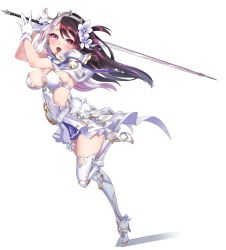 Rule 34 | 1girl, absurdres, blush, breasts, brown hair, cleavage, dress, flower, grey flower, hair flower, hair ornament, hakkaku shikimi, head tilt, high heels, highres, holding, holding sword, holding weapon, large breasts, looking to the side, multicolored hair, nijisanji, official alternate costume, open mouth, pink eyes, pink hair, running, shadow, smile, solo, streaked hair, sword, thighhighs, two side up, virtual youtuber, weapon, white background, white dress, white footwear, white hair, white thighhighs, yorumi rena, yorumi rena (8th costume)
