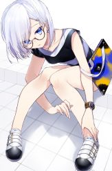 Rule 34 | 1girl, absurdres, blue eyes, clock, full body, glasses, highres, knees together feet apart, looking at viewer, original, sitting, sogawa, solo, white hair