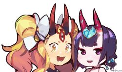Rule 34 | 2girls, :d, alternate hairstyle, blonde hair, blunt bangs, chibi, commentary, facial mark, fate/grand order, fate (series), forehead mark, headpiece, heart, horns, ibaraki douji (fate), idk-kun, looking at viewer, multiple girls, no nose, open mouth, precure, purple eyes, purple hair, romaji commentary, short eyebrows, shuten douji (fate), shuten douji (fate/grand order), shuten douji (halloween caster) (fate), smile, transparent background, twintails, twitter username, yellow eyes