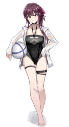 Rule 34 | 1girl, ball, barefoot, beachball, black choker, black one-piece swimsuit, blush, breasts, choker, closed mouth, collarbone, competition swimsuit, covered navel, full body, girls&#039; frontline, hair ribbon, hand on own hip, highres, holding, holding ball, legs, long hair, long sleeves, looking at viewer, medium breasts, official alternate costume, one-piece swimsuit, one smoke, open clothes, open shirt, pink ribbon, purple hair, red eyes, ribbon, see-through, shirt, solo, standing, swimsuit, toes, wa2000 (girls&#039; frontline), wa2000 (op. manta ray) (girls&#039; frontline), wet, wet clothes, wet shirt, white background, white shirt