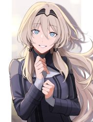 Rule 34 | 1girl, an-94 (girls&#039; frontline), black hairband, blonde hair, blue eyes, breasts, girls&#039; frontline, hair ornament, hairband, hairclip, highres, long hair, looking at viewer, open mouth, parted lips, simple background, small breasts, smile, solo, tactical clothes, teeth, upper body, yotsuyama (yomo8ama)