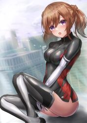Rule 34 | 1girl, :o, absurdres, alice gear aegis, blush, bodysuit, breasts, brown hair, elbow gloves, gloves, highres, kimikage yui, looking at viewer, medium breasts, medium hair, open mouth, purple eyes, skin tight, solo, thighhighs, twintails, waity awa
