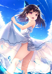 Rule 34 | 1girl, bare arms, bare shoulders, blue bow, blue ribbon, blue sky, bow, brown hair, cloud, commentary request, day, dress, earrings, glint, hair bow, heart, heart earrings, heart print, highres, jewelry, long hair, looking at viewer, no panties, ocean, open mouth, original, outdoors, print dress, red eyes, revision, ribbon, sky, sleeveless, sleeveless dress, solo, wading, water, white dress, yan (nicknikg)