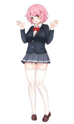 Rule 34 | 1girl, :d, black jacket, blazer, blush, bow, bowtie, breasts, brown eyes, brown footwear, cleavage, collared shirt, dress shirt, full body, grey skirt, hair between eyes, hair ornament, hairclip, hands up, head tilt, heart, heart hair ornament, highres, jacket, large breasts, lenxiao, loafers, looking at viewer, open mouth, original, pink hair, pleated skirt, red bow, red bowtie, shirt, shoes, short hair, simple background, skirt, smile, solo, standing, teeth, thighhighs, upper teeth only, white background, white shirt, white thighhighs