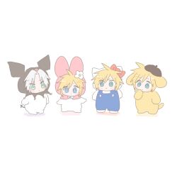 4boys :o age_comparison animal_ears blonde_hair bodysuit bow chibi chibi_only closed_mouth cloud_strife commentary_request cosplay daisy dot_mouth fake_animal_ears final_fantasy final_fantasy_vii final_fantasy_vii_ever_crisis final_fantasy_vii_remake flower full_body green_eyes grey_hair hair_bow hair_flower hair_ornament hand_on_own_face hello_kitty_(character) hello_kitty_(character)_(cosplay) highres hiyo_mokumoku kuromi kuromi_(cosplay) male_focus multiple_boys my_melody my_melody_(cosplay) pale_color parted_bangs pompompurin pompompurin_(cosplay) red_bow sanrio sephiroth_(young) serious shadow standing white_background white_flower