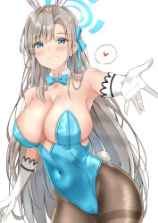 Rule 34 | 1girl, animal ears, asuna (blue archive), asuna (bunny) (blue archive), blue archive, blue eyes, blue leotard, blue ribbon, blush, breasts, cleavage, closed mouth, covered navel, elbow gloves, fake animal ears, gloves, grey hair, hair ornament, hair ribbon, hairband, heart, highres, large breasts, leotard, long hair, looking at viewer, mole, mole on breast, pantyhose, playboy bunny, rabbit ears, ribbon, sideboob, simple background, smile, solo, sunsun2812, thighband pantyhose, white background, white gloves, white hairband