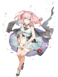 Rule 34 | 1girl, cat, dress, flower, flower-carved glazed fruit (food fantasy), food fantasy, full body, highres, jingzhongyin, looking at viewer, looking up, official art, pale skin, petals, pink hair, purple eyes, second-party source, transparent background, twintails