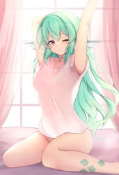 Rule 34 | 1girl, animal ears, armpit peek, aura (aurapls), barefoot, blouse, bottomless, closed mouth, commentary, convenient leg, curtains, english commentary, feet out of frame, finana ryugu, fins, fish girl, green hair, hand up, head fins, highres, indoors, long hair, looking at viewer, naked shirt, nijisanji, nijisanji en, one eye closed, pink shirt, purple eyes, see-through silhouette, shirt, sitting, solo, stretching, virtual youtuber, waking up, wariza, window