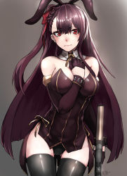 Rule 34 | 1girl, animal ears, arm between breasts, asymmetrical bangs, bare shoulders, between breasts, black gloves, black leotard, black thighhighs, blush, braid, breasts, brown background, bullpup, clenched hand, closed mouth, cowboy shot, detached collar, detached sleeves, fake animal ears, french braid, girls&#039; frontline, gloves, gluteal fold, gold trim, gun, hair ribbon, half gloves, holding, holding gun, holding weapon, kb-5, large breasts, leotard, long hair, looking at viewer, mole, mole under eye, nose blush, one side up, playboy bunny, purple hair, rabbit ears, red eyes, red ribbon, ribbon, rifle, sidelocks, signature, simple background, sniper rifle, solo, thighhighs, very long hair, wa2000 (girls&#039; frontline), walther, walther wa 2000, weapon, wrist cuffs