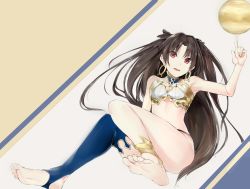 Rule 34 | 1girl, :d, anklet, arm support, arm up, armpits, balancing, ball, bare arms, bare legs, bare shoulders, barefoot, black hair, black panties, black ribbon, blue thighhighs, breasts, collar, earrings, eyebrows, fate/grand order, fate (series), feet, female focus, foot focus, gold trim, hair ribbon, highres, hoop earrings, ishtar (fate), jewelry, knees together feet apart, legs, long hair, looking at viewer, medium breasts, midriff, neck ring, no shoes, open mouth, panties, pointing, pointing up, red eyes, revealing clothes, ribbon, round teeth, silver (chenwen), simple background, single thighhigh, smile, soles, solo, stirrup legwear, strapless, striped, striped background, teeth, thighhighs, thighlet, thighs, toeless legwear, toes, tohsaka rin, two side up, type-moon, underwear, very long hair