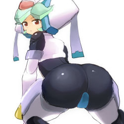 Rule 34 | 1girl, aqua hair, armor, artist request, ass, bodysuit, capcom, expressionless, from behind, helmet, huge ass, looking at viewer, looking back, mega man (series), mega man zx, pandora (mega man), red eyes, shiny clothes, sketch, solo