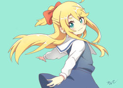 Rule 34 | 1girl, :3, aayh, aqua background, blonde hair, blue dress, blush, bow, closed mouth, commentary request, dress, hair bow, himesaka noa, long hair, long sleeves, looking at viewer, looking to the side, outstretched arms, ponytail, red bow, sailor collar, sailor dress, school uniform, shirt, short eyebrows, signature, sleeveless, sleeveless dress, solo, thick eyebrows, very long hair, watashi ni tenshi ga maiorita!, white sailor collar, white shirt
