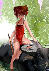Rule 34 | 1girl, bad id, bad pixiv id, bare legs, bare shoulders, barefoot, breasts, brown eyes, brown hair, chinese clothes, double bun, dudou, flute, full body, hair bun, highres, instrument, leaf, looking at viewer, no panties, open mouth, original, riding, short hair, sitting, small breasts, solo, water, yak, yewang19