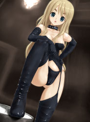 Rule 34 | 00s, 1girl, bare shoulders, blonde hair, boots, breasts, collar, dominatrix, elbow gloves, eyebrows, garter belt, gloves, hand on own hip, hip focus, k-on!, kotobuki tsumugi, large breasts, long hair, navel, rasukaru, solo, thigh boots, thighhighs