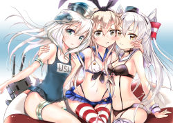 Rule 34 | 10s, 3girls, adapted costume, amatsukaze (kancolle), bikini, blonde hair, frilled swimsuit, frills, garter straps, girl sandwich, hair tubes, innertube, kantai collection, keepout, long hair, multiple girls, name tag, one-piece swimsuit, rensouhou-chan, sandwiched, school swimsuit, shimakaze (kancolle), silver hair, soramu, striped clothes, striped legwear, striped thighhighs, swim ring, swimsuit, thighhighs, two side up, u-511 (kancolle)