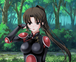 Rule 34 | 1girl, bad id, bad pixiv id, breasts, brown eyes, brown hair, forest, highres, inuyasha, long hair, nature, ponytail, sango (inuyasha), solo, tamamon, tree