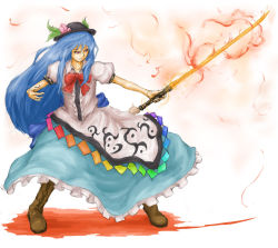Rule 34 | 1girl, blue hair, boots, chazke, female focus, food, fruit, full body, hat, hinanawi tenshi, knee boots, long hair, peach, solo, standing, sword, sword of hisou, touhou, weapon, white background