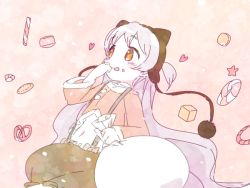 Rule 34 | 10s, 1girl, :p, animal ears, beanie, bubble skirt, capelet, doughnut, fake animal ears, food, food in mouth, fur trim, hat, long hair, magical girl, mahou shoujo madoka magica, mahou shoujo madoka magica: hangyaku no monogatari, momoe nagisa, muhogame, pom pom (clothes), skirt, smile, suspenders, tongue, tongue out, two side up, white hair, yellow eyes