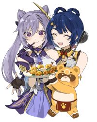 Rule 34 | 2girls, ^ ^, apron, bare shoulders, blue hair, blush, bow, braid, chef hat, closed eyes, double bun, dress, eating, fingerless gloves, food, genshin impact, gloves, guoba (genshin impact), gyoju (only arme nim), hair bow, hair bun, hair ornament, hairclip, happy, hat, highres, keqing (genshin impact), ladle, looking at viewer, multiple girls, open mouth, panda, paw print, plate, purple eyes, purple gloves, purple hair, shrimp, smile, sparkling eyes, twin braids, twintails, xiangling (genshin impact)