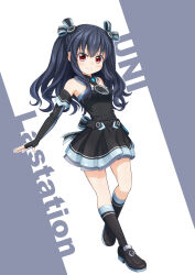 Rule 34 | 1girl, absurdres, bare shoulders, black footwear, black hair, black socks, breasts, character name, commentary, dot nose, dress, elbow gloves, fingerless gloves, frills, full body, gloves, hair between eyes, hair ribbon, highres, long hair, looking at viewer, neptune (series), red eyes, ribbon, shionic zm, shoes, short dress, small breasts, smile, socks, solo, standing, striped ribbon, two side up, uni (neptunia)