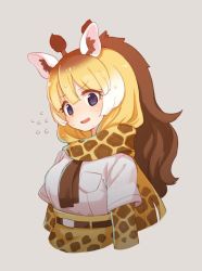 Rule 34 | 10s, 1girl, animal ears, animal print, belt, blonde hair, blue eyes, breast pocket, brown belt, brown hair, brown necktie, commentary, cropped arms, cropped torso, eyelashes, flying sweatdrops, giraffe ears, giraffe horns, giraffe print, gradient hair, grey background, hair between eyes, horns, kemono friends, long hair, looking at viewer, multicolored hair, necktie, nervous, nervous smile, open mouth, pocket, reticulated giraffe (kemono friends), scarf, shirt, short sleeves, simple background, skirt, smile, solo, sweat, tareme, upper body, wavy mouth, white hair, white shirt, yarerubabaa