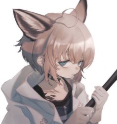 Rule 34 | 1girl, ahoge, animal ears, arknights, black choker, black shirt, blue eyes, choker, closed mouth, coat, commentary, expressionless, eyelashes, fox ears, gloves, hair between eyes, highres, holding, holding staff, hood, hooded coat, light brown hair, looking at viewer, material growth, open clothes, open coat, oripathy lesion (arknights), portrait, shirt, short hair, simple background, solo, staff, sussurro (arknights), symbol-only commentary, white background, white coat, white gloves, yohhiie, zipper