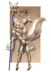 Rule 34 | 1girl, animal ear fluff, animal ears, armlet, ass, barefoot, blunt bangs, border, bracer, earrings, egyptian clothes, facial mark, flat chest, fox ears, fox girl, fox tail, from behind, hair tubes, hairband, highres, holding, holding staff, jewelry, kazuki seihou, loincloth, long hair, looking at viewer, looking back, navel, original, shin guards, solo, staff, standing, tail, tan, tiptoes, white border, white hair, yellow eyes