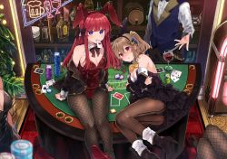 Rule 34 | 1boy, 4girls, alcohol, animal ears, beer bottle, blonde hair, blush, boots, card, card in mouth, carpet, dress shirt, fishnet legwear, fishnets, hair ornament, high heel boots, high heels, highres, ikeuchi tanuma, jacket, jacket on shoulders, jukebox, liquor, long hair, looking at viewer, mouth hold, multiple girls, original, out of frame, playing card, poker chip, poker table, purple eyes, rabbit ears, red eyes, red hair, shirt, sign, sitting, sitting on table, table, vest