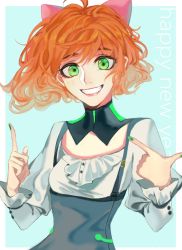 Rule 34 | 1girl, android, bare shoulders, bow, breasts, curly hair, freckles, green eyes, green skirt, hair bow, lipstick, makeup, orange hair, penny polendina, pink bow, rwby, skirt, smile, solo