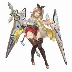 Rule 34 | 1girl, artery gear, artery gear: fusion, atelier (series), atelier ryza, atelier ryza 1, belt, boots, bridal legwear, brown eyes, brown hair, detached sleeves, flask, full body, hat, highres, holding, holding staff, looking at viewer, medium hair, official art, one eye closed, open mouth, outstretched arm, photoshop (medium), reisalin stout, short shorts, shorts, simple background, solo, staff, test tube, thigh boots, thighhighs, white background