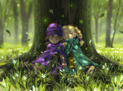 Rule 34 | 1boy, 1girl, against tree, aged down, bianca (dq5), bianca (the legend of legacy), blonde hair, braid, cape, child, closed eyes, dappled sunlight, dragon quest, dragon quest v, earrings, flower, forest, grass, hat, hero (dq5), jewelry, leaf, nature, seeker, sitting, sleeping, sunlight, tree, twin braids