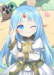Rule 34 | 1girl, 2others, absurdres, arm up, blue hair, dress, forehead, forehead jewel, grin, heart, highres, index finger raised, long hair, multiple others, one eye closed, outdoors, pointy ears, rance (series), rance quest, reset kalar, senifu, smile, upper body, white dress
