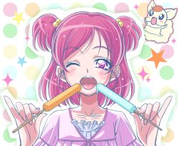 Rule 34 | 00s, 1girl, coco (precure 5), coco (yes! precure 5), eyelashes, mahkn, one eye closed, open mouth, pink eyes, pink hair, popsicle, precure, tongue, two side up, yes! precure 5, yumehara nozomi