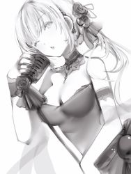 Rule 34 | 1girl, bad id, bad pixiv id, breasts, cleavage, dress, flower, greyscale, hair flower, hair ornament, highres, holding, holding microphone, hololive, hololive english, long hair, looking at viewer, medium breasts, microphone, microphone stand, monochrome, mori calliope, mori calliope (party dress), nanashi (nlo), one eye closed, parted lips, simple background, solo, strapless, strapless dress, virtual youtuber, white background