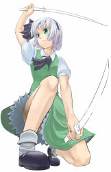Rule 34 | 1girl, cuboon, dress, dual wielding, female focus, fighting stance, from below, full body, holding, katana, konpaku youmu, simple background, skirt, solo, sword, tanto, touhou, weapon, white background