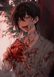 Rule 34 | 1boy, absurdres, ahoge, asymmetrical hair, bags under eyes, bandaged neck, bandages, black hair, blood, blood on body, blood on clothes, blood on face, blood on hands, blue eyes, buttons, character request, collared shirt, copyright request, guro, hair between eyes, heart (organ), highres, holding organ, male focus, nanin, open mouth, shirt, solo, white shirt, window